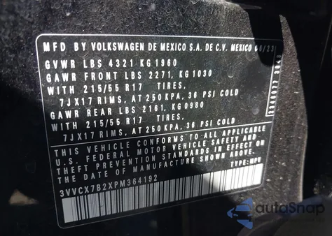 2023 Volkswagen Taos 1.5T S из США, поврежденный, VIN 3VVCX7B2XPM364192